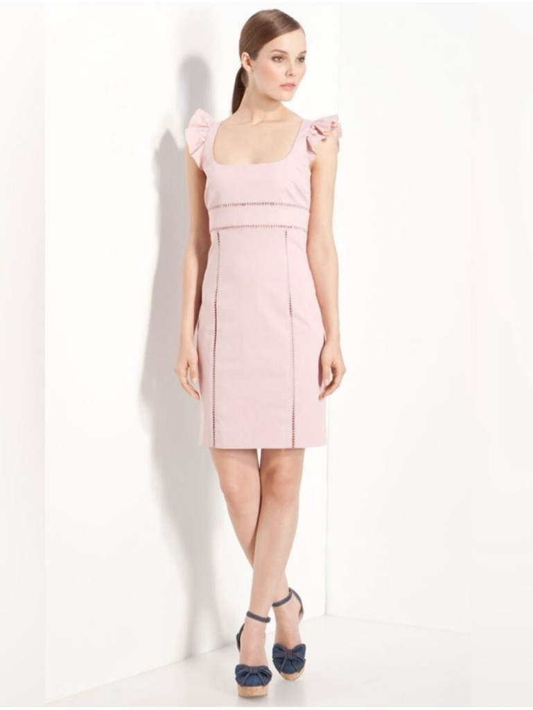 Red Valentino Elegant Pink Square-Neck Dress Ruffle Shoulders Size It46 Us8